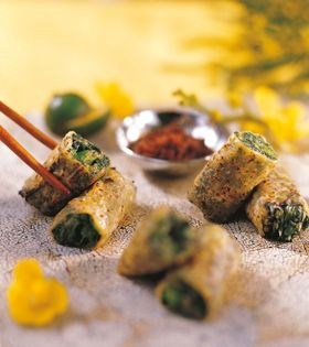 Baked kangkong wonton rolls with goat cheese