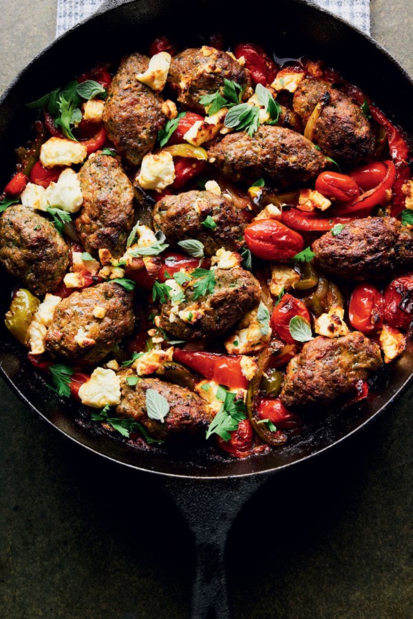 Baked lamb koftas with peppers, feta and oregano