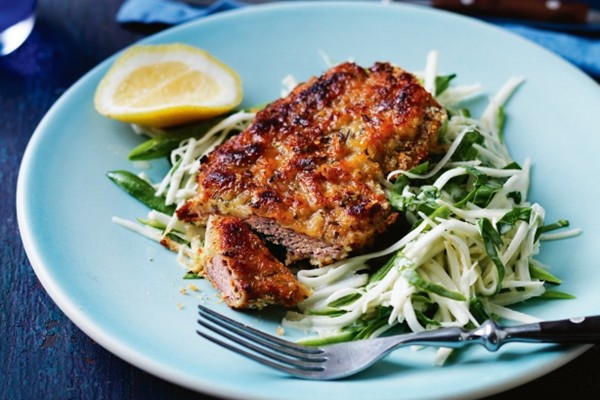 Baked lamb schnitzel with celeriac slaw