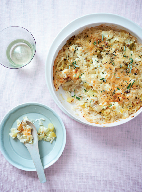 Baked leek and goats' cheese risotto + apple and celery salad
