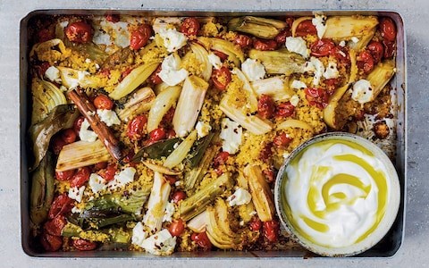 Baked leeks, tomatoes, bulgar wheat and feta with garlic yogurt