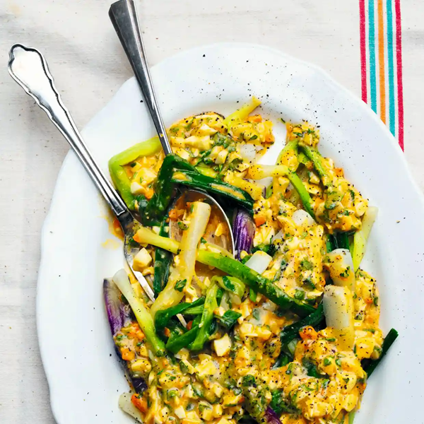 Baked leeks with egg and mustard vinaigrette