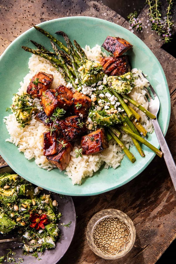Baked lemon balsamic salmon bowls