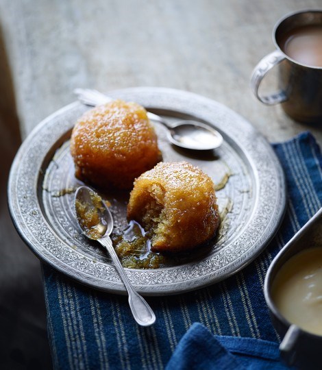 Baked lemon curd syrup sponges with brandy custard