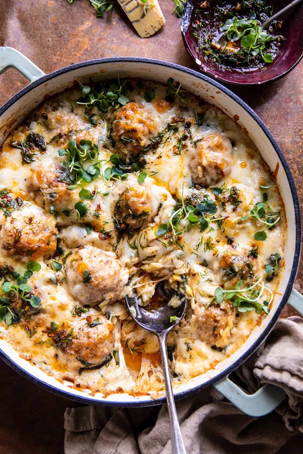 Baked lemon rosemary chicken meatballs and creamy orzo