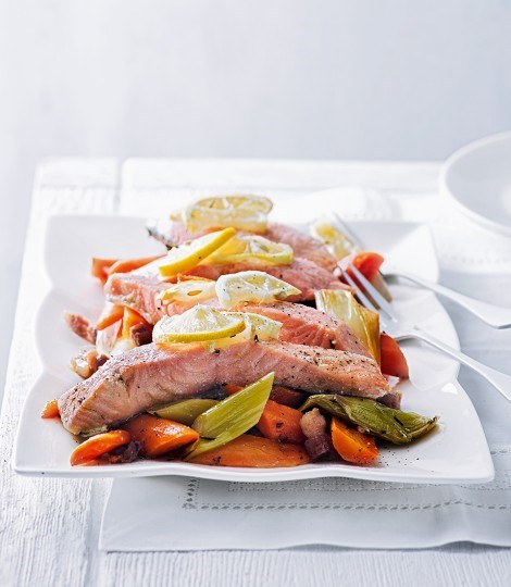 Baked lemon salmon with buttered carrots and leeks