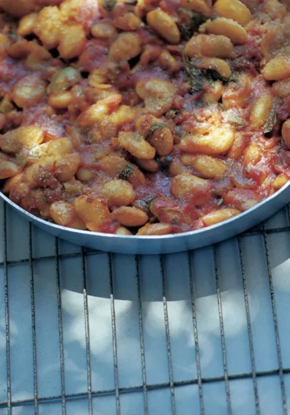 Baked lima/butter beans, onions, tomatoes, and parsley