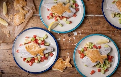 Baked mackerel with salsa and fishy crisps