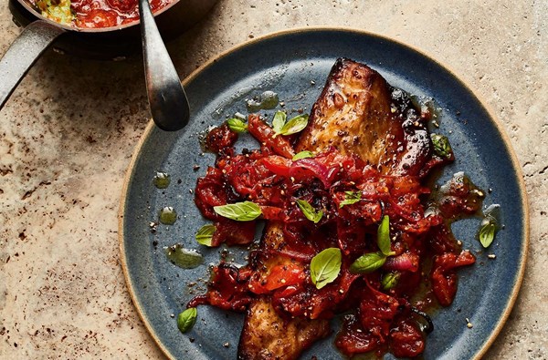 Baked mackerel with tangy tomato, red onion & basil