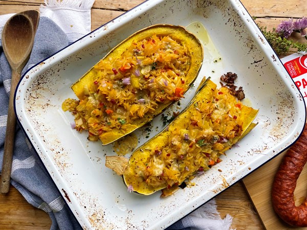 Baked marrow stuffed with chorizo, Stilton and orzo
