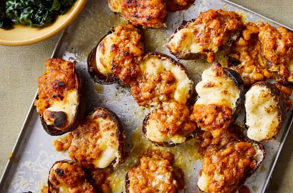 Baked mashed potato with masala beans