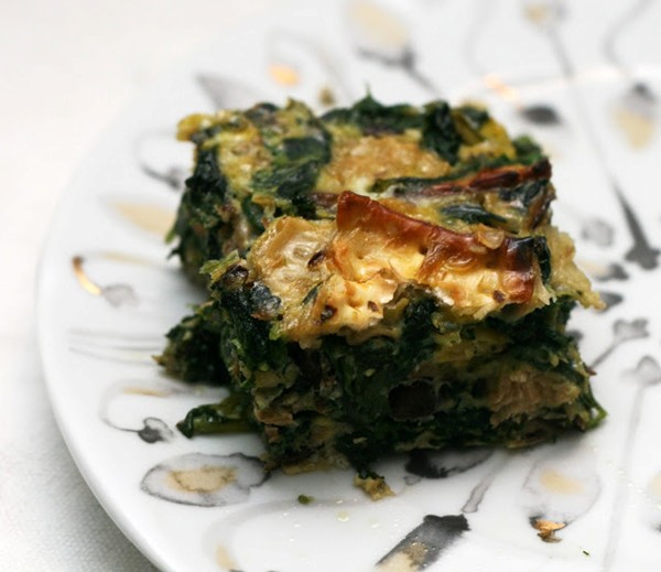 Baked matzo brei with mixed greens, mushrooms and smoked herring