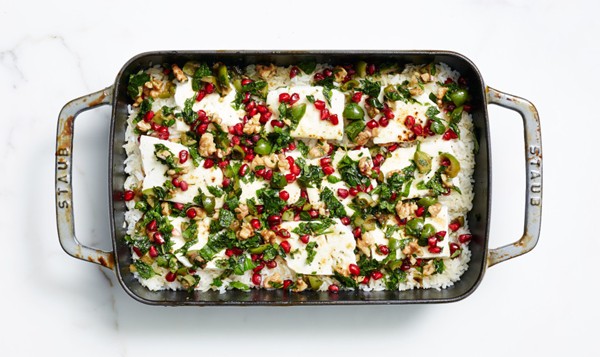 Baked minty rice with feta and pomegranate relish