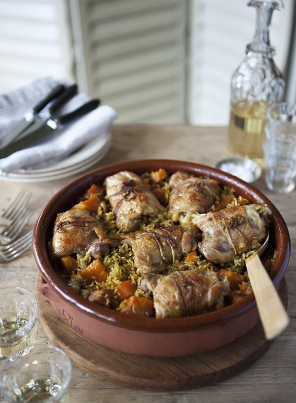 Baked Moroccan chicken with pumpkin and rice