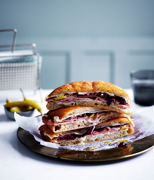 Baked mortadella, provolone and mascarpone sandwiches
