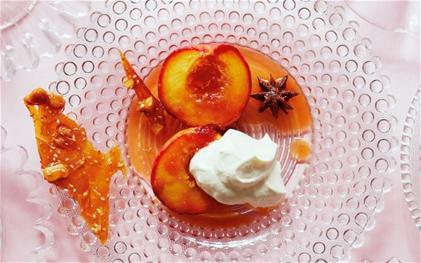 Baked nectarines with macadamia nut shards