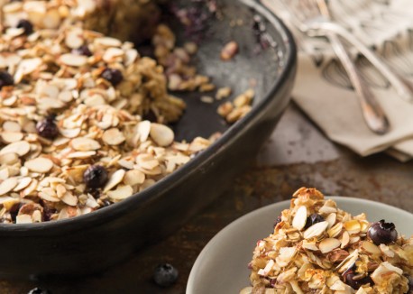Baked oatmeal with blueberries, almonds, and coconut milk