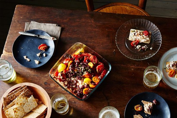 Baked olive, tomato, and feta dip