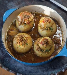 Baked onions stuffed with rice + herbs (Dolmeh-ye piaz-e Kordi)