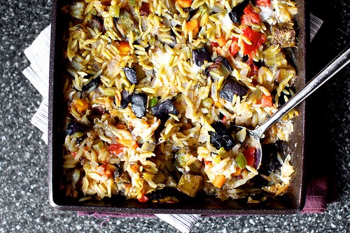 Baked orzo with eggplant and mozzarella