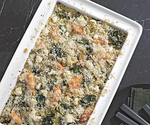 Baked orzo with shrimp, lemon, and feta