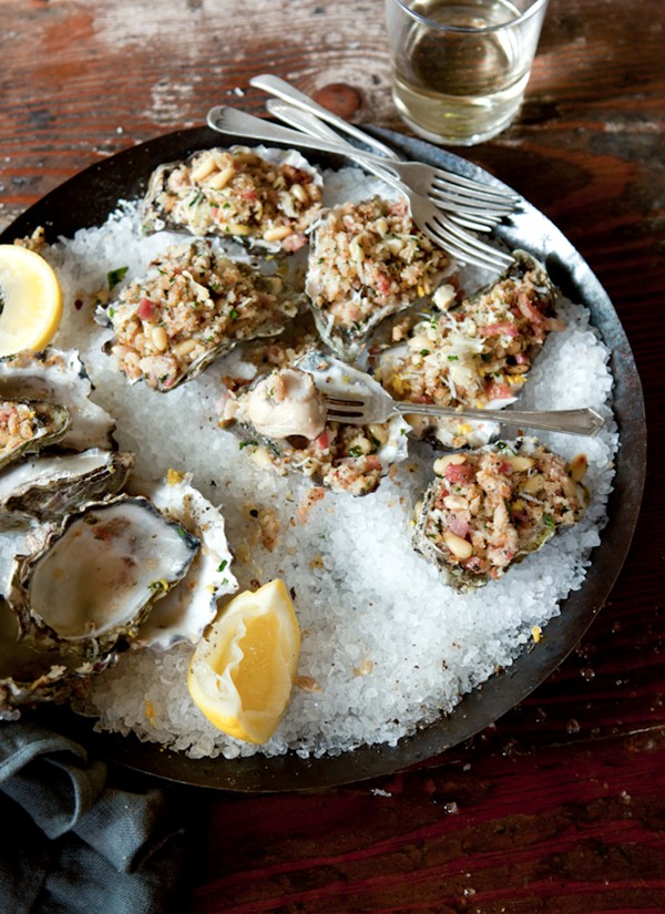 Baked oysters with pancetta, artichoke and horseradish