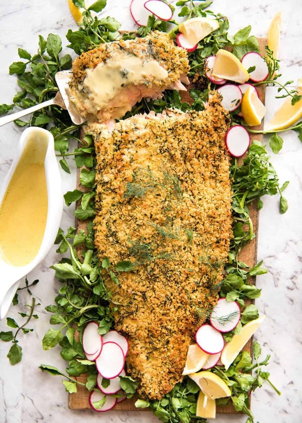 Baked Parmesan crusted salmon with lemon cream sauce