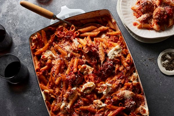 Baked pasta & porchetta meatballs