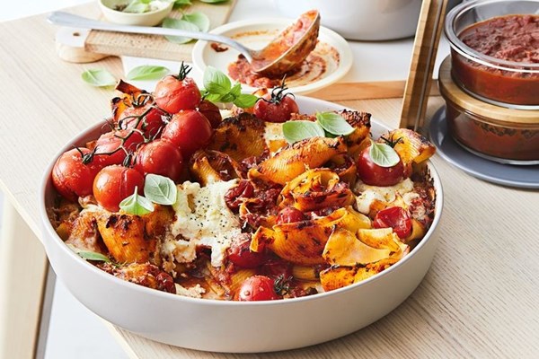 Baked pasta with cherry tomato sauce and ricotta