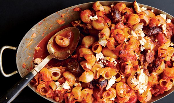 Baked pasta with merguez and harissa-spiked sauce