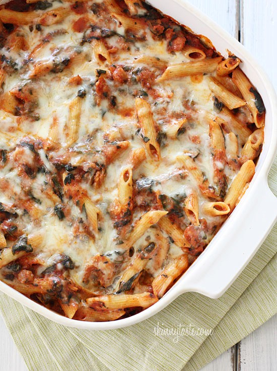 Baked pasta with sausage and spinach