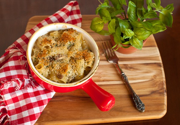 Baked pasta with sausage, mushrooms and mascarpone
