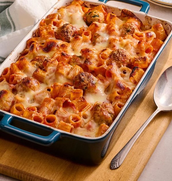 Baked pasta with turkey and broccoli rabe meatballs