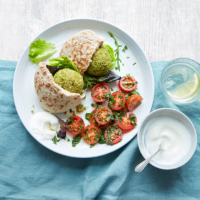 Baked pea 'falafel' with tomato and herb salad