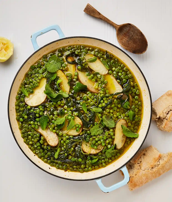 Baked peas with spring onions and Jersey royals