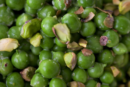 Baked peas with tarragon, yogurt, and pistachios