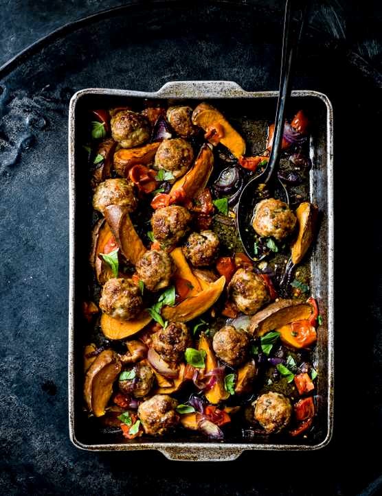 Baked pecorino and white pepper meatballs with sweet potato wedges