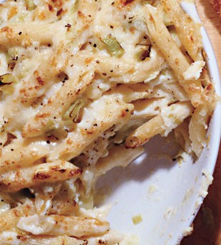 Baked penne with farmhouse cheddar and leeks