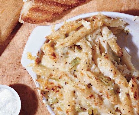 Baked penne with farmhouse cheddar and leeks