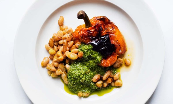 Baked peppers and beans with basil and mint 