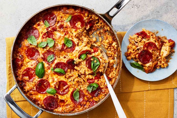 Baked "pizza" pasta with soppressata