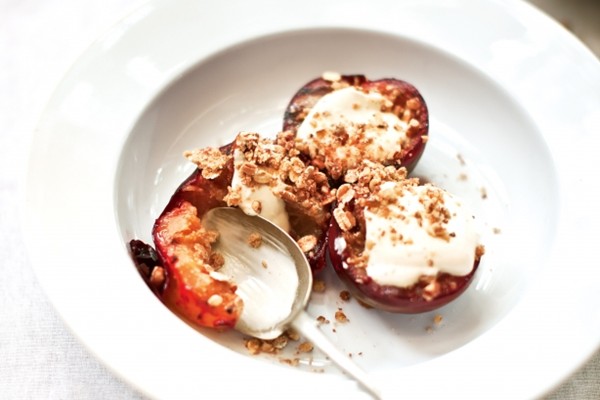 Baked plums with honey, pecan & oat crumble and cinnamon yoghurt drizzle