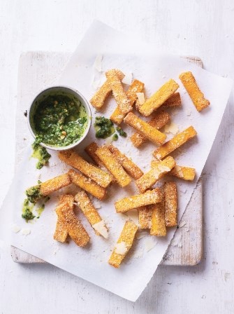 Baked polenta chips with pesto dip