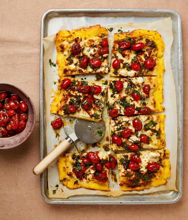 Baked polenta with feta and za'atar tomatoes