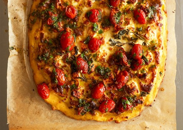 Baked polenta with feta, Béchamel and za’atar tomatoes