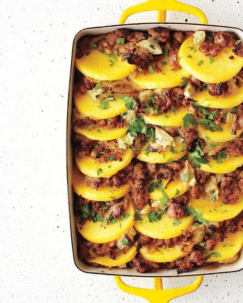Baked polenta with sausage and artichoke hearts