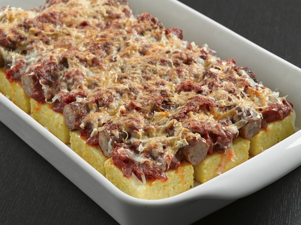 Baked polenta with sausages and mushrooms