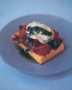 Baked polenta with tomatoes, aubergine, peppers and mozzarella
