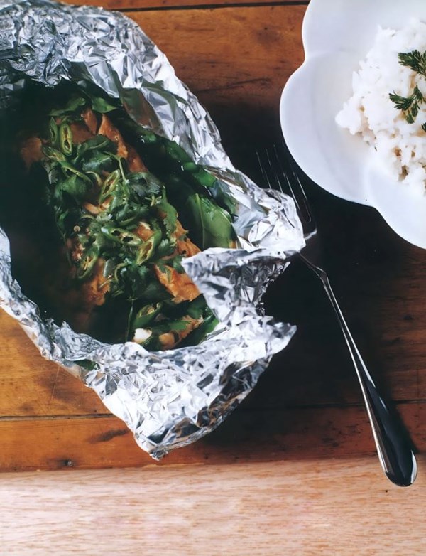 Baked pollock with ginger, soy, lime and sticky rice