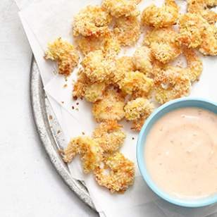 Baked popcorn shrimp with sweet chili sauce